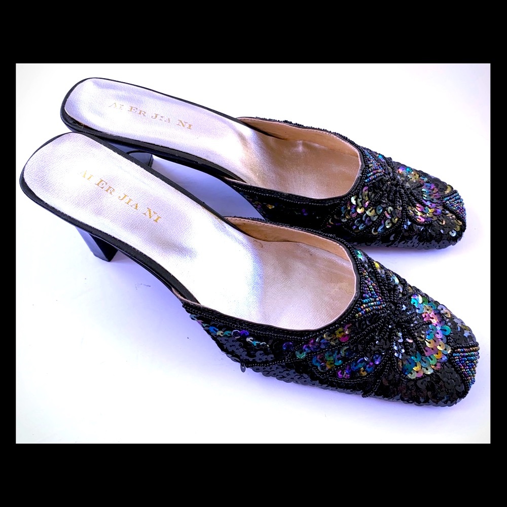 Black medium heeled sandals sparkling sequenced wedding party sandals Eur41 US11